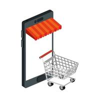 Smartphone con sombrilla y carrito de compras. vector