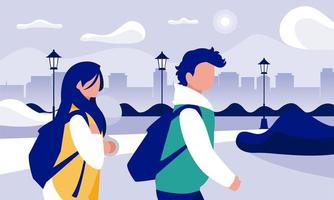 Woman and man avatar at park in front of city buildings vector design