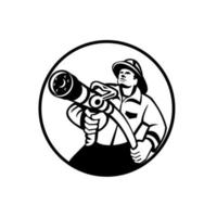 Fireman Firefighter Aiming Fire Hose Circle Black and White vector