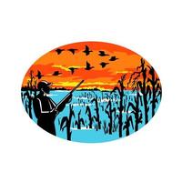 Duck Hunter Flooded Cornfield Oval Retro vector