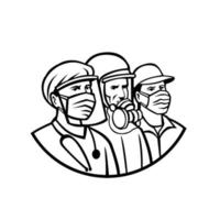 Essential Workers Wearing Mask as Heroes Black and White Retro vector