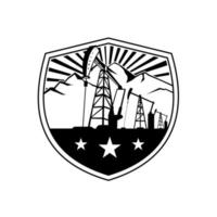 torre de perforación de petróleo y montañas escudo insignia retro en blanco y negro vector