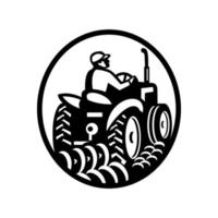 Organic Farmer Plowing Field With Vintage Tractor Oval vector