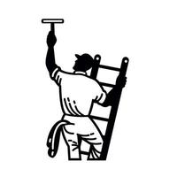 Window Cleaner on Ladder Cleaning Window Retro Black and White vector