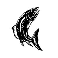 pez trucha manchada saltando xilografía retro en blanco y negro vector