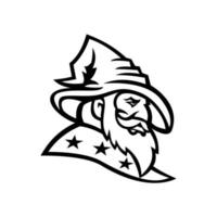 Wizard Warlock or Sorcerer with Three Stars Mascot Black and White vector