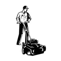 Gardener Mowing With Lawnmower Front View Woodcut vector