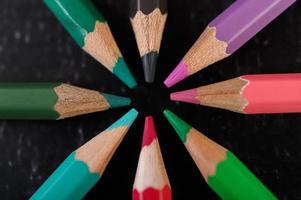 Close-up of wooden crayons arranged in a color wheel photo