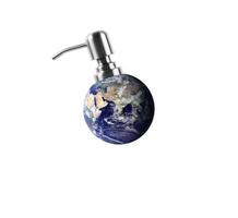 Abstract world globe with push bottle on white background, product concept photo