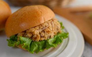 Close-up of hamburger placed on white dish beautifully photo