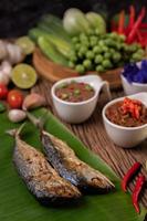 Shrimp paste and mackerel, fried on banana leaves with chili, tomato and garlic photo