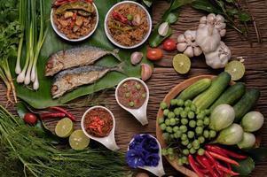 Shrimp paste and mackerel, fried on banana leaves with chili, tomato and garlic photo