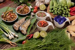 Shrimp paste and mackerel, fried on banana leaves with chili, tomato and garlic photo