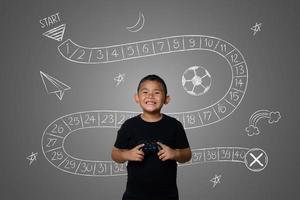 Young boy plays fun strategy games, abstract concept photo