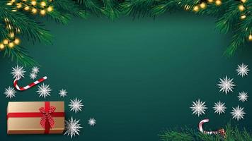 Christmas green background with garland, Christmas tree, present, paper snowflakes and candy can, top view vector