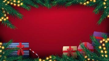 Christmas red background with Christmas tree frame with yellow bulb garland and presents, top view vector