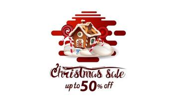 Christmas sale, up to 50 off, beautiful white and red discount banner in lava lamp style with smooth lines and Christmas gingerbread house vector