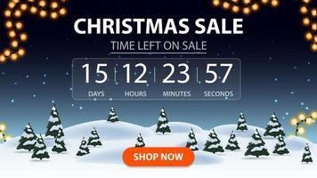 Christmas sale, discount banner with cartoon winter forest, starry sky, timer with reverse report and button vector