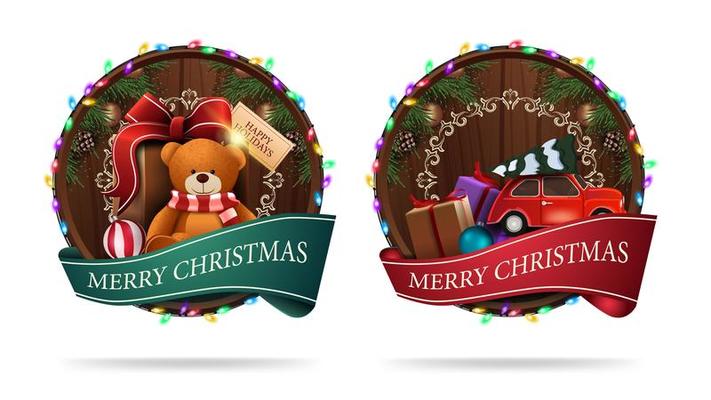 Christmas signs in the shape of a wooden barrel with a greeting ribbon and Christmas icons isolated on a white background