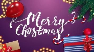 Merry Christmas, purple greeting card with presents, red balloon, garland and Christmas tree branches, top view vector