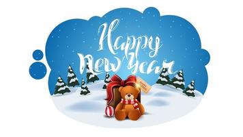 Happy New Year, greeting postcard in the form of abstract cloud with winter cartoon landscape and present with Teddy bear vector