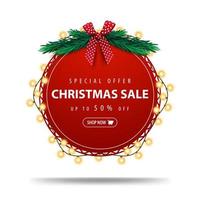 Special offer, Christmas sale, up to 50 off, round red discount banner wrapped with garland isolated on white background vector