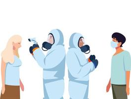 Doctors with protective suits and thermometer gun checking people temperature vector design