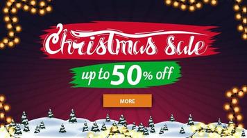 Christmas sale, up to 50 off, discount banner with button and purple winter landscape vector