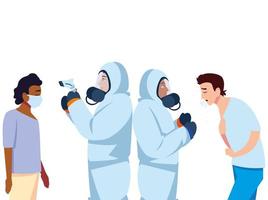 Doctors with protective suits and thermometer gun checking men temperature vector design
