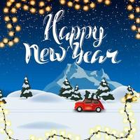 Feliz año nuevo, hermosa postal cuadrada con paisaje de invierno nocturno en el fondo y un coche vintage rojo con árbol de Navidad vector