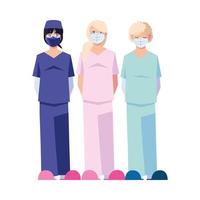 female and male doctors with uniforms and masks vector design