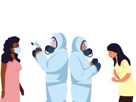 Doctors with protective suits and thermometer gun checking women temperature vector design