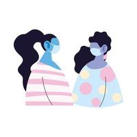 women avatars cartoons with masks and pullovers vector design