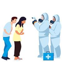 Doctors with protective suits and thermometer gun checking people temperature vector design