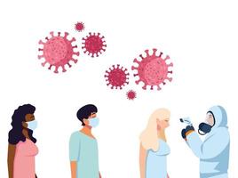 Doctors with protective suits and thermometer gun checking people temperature vector design