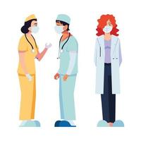 Doctores femeninos y masculinos con uniformes y máscaras de diseño vectorial vector