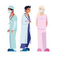 female and male doctors with uniforms and masks vector design
