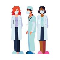 female and male doctors with uniforms and masks vector design