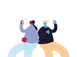 Woman and man cartoon with smartphone vector design