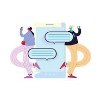 Woman and man cartoon with smartphone and bubbles vector design
