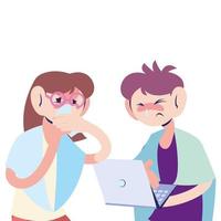 sick couple working at the computer vector