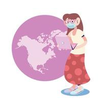 woman with mask working on continent vector