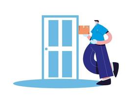 Courier with mask, gloves and packages delivered at the door vector