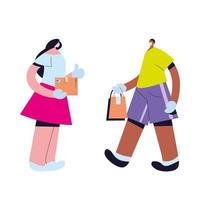 couple with face mask, gloves and packages vector