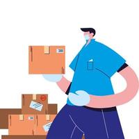 courier with mask, gloves, and shipping packages vector