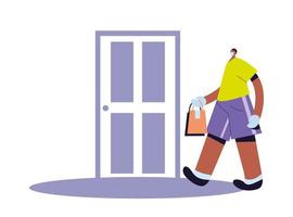 man with mask and gloves to deliver parcel at door vector