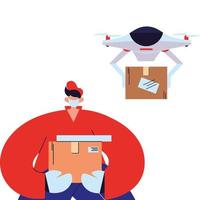 man delivery courier with mask, gloves and drone vector