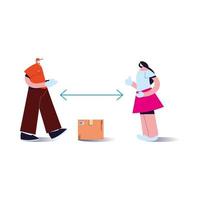 couple wearing face masks delivering packages with distance rules vector