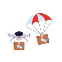 Drone delivering a package and a package with a parachute vector