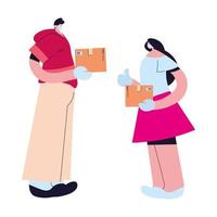 couple with mask, gloves and parcel vector
